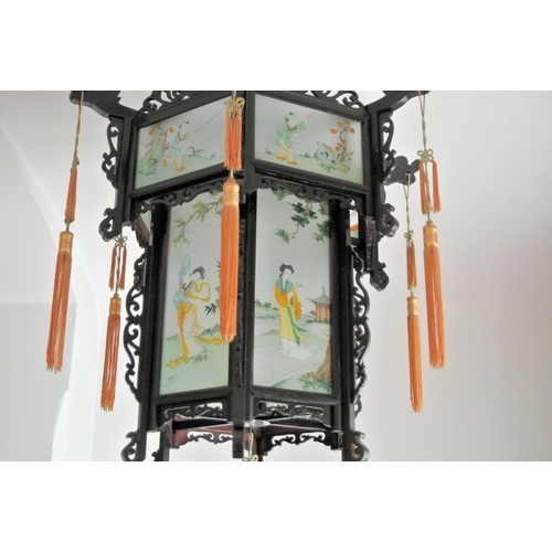 66 - Japanese hexagonal carved timber framed hanging hall light, inset hand painted panels decorated with... 