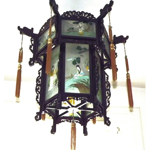 66 - Japanese hexagonal carved timber framed hanging hall light, inset hand painted panels decorated with... 