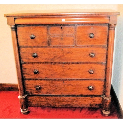 70 - Mahogany Scotch chest with frieze drawer, two short and four long drawers under with bun handles, tu... 