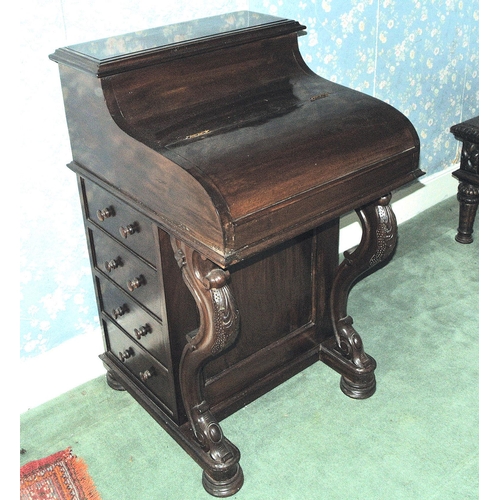 85 - Victorian mahogany piano davenport with lift-up fitted shelf, pull-out desk with adjustable writing ... 