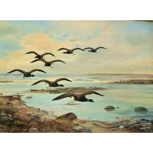 95 - Carl Jender 'Canadian geese flying over an estuary' oil on canvas, 67x99cm signed