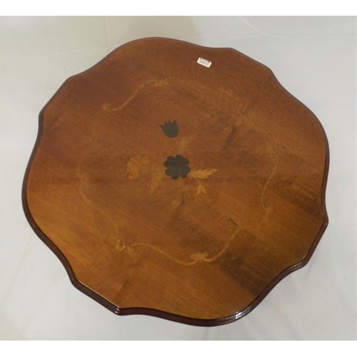 11 - French style inlaid mahogany occasional table with wavy rim, turned column, on scroll tripod