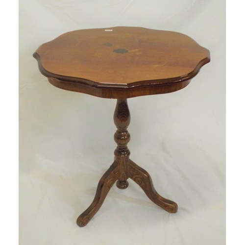 11 - French style inlaid mahogany occasional table with wavy rim, turned column, on scroll tripod