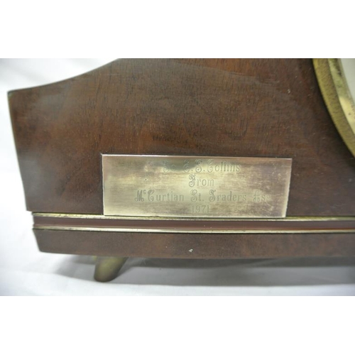 28 - Nelson style walnut mantle clock with strike movement, round dial, stamped Herme Needs restoration