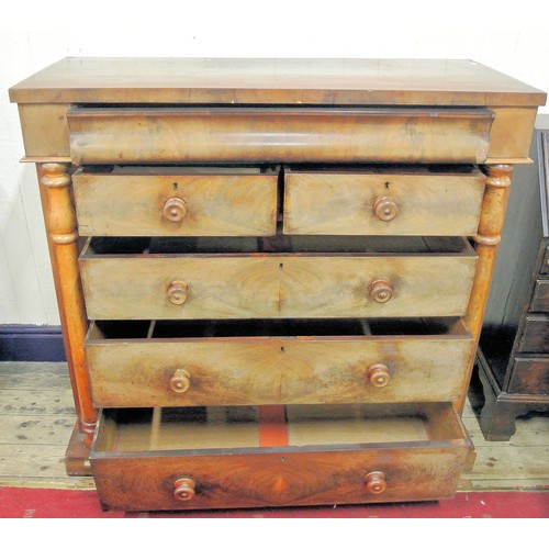 35 - Victorian walnut Scotch chest with frieze drawer, two short and three long drawers under, turned col... 