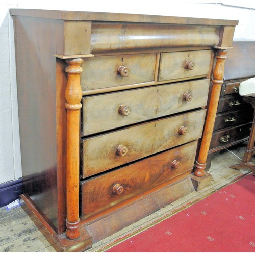 35 - Victorian walnut Scotch chest with frieze drawer, two short and three long drawers under, turned col... 