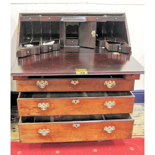 45 - Georgian mahogany bureau with drop-down front, pull-out supports, fitted interior, four drawers unde... 