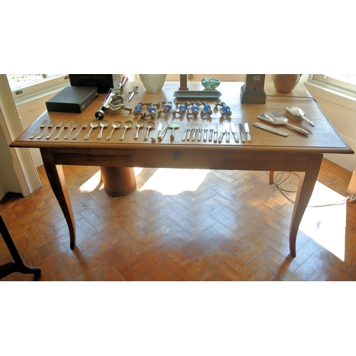 70 - Beidermeier walnut oblong table with rounded borders, frieze drawer, round handle, on shaped legs