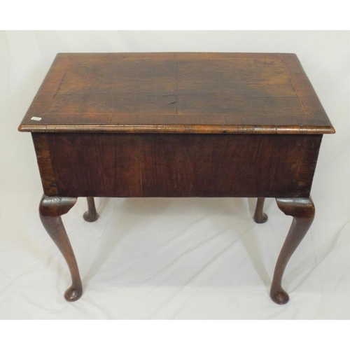 90 - Georgian inlaid walnut lowboy with frieze drawer, brass drop handle and escutcheon, shaped apron, on... 