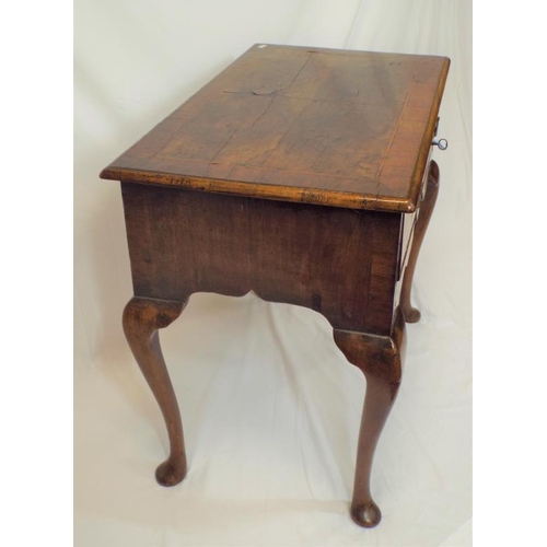 90 - Georgian inlaid walnut lowboy with frieze drawer, brass drop handle and escutcheon, shaped apron, on... 