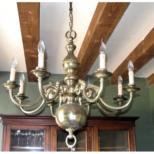 93 - Ornate six branch brass hanging chandelier with round sconces and ball shaped base