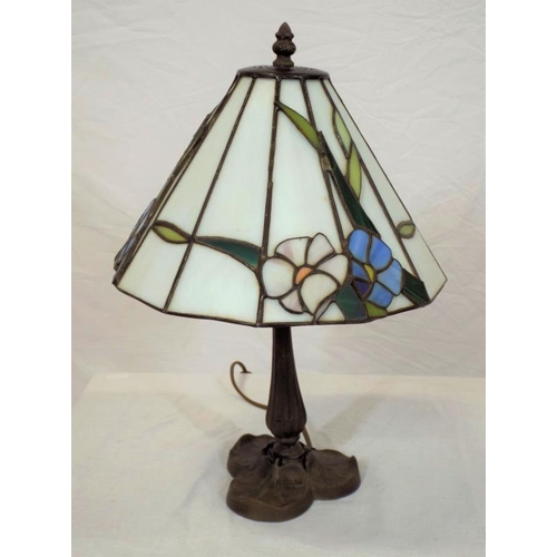 97 - Art Deco style table lamp with shaped base and angular foliate decorated shade