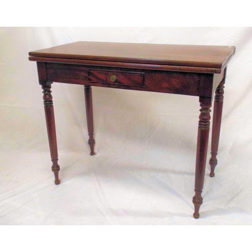 115 - Victorian mahogany tea table with fold-over top, gateleg support, drawer with brass handle, on turne... 