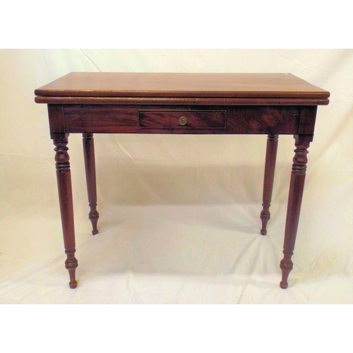 115 - Victorian mahogany tea table with fold-over top, gateleg support, drawer with brass handle, on turne... 