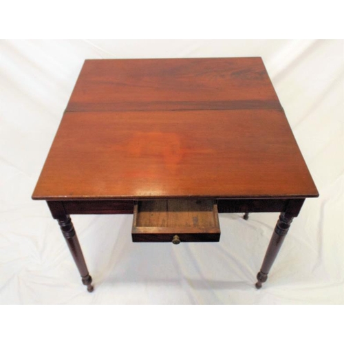 115 - Victorian mahogany tea table with fold-over top, gateleg support, drawer with brass handle, on turne... 