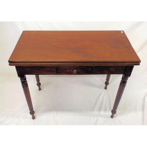 115 - Victorian mahogany tea table with fold-over top, gateleg support, drawer with brass handle, on turne... 