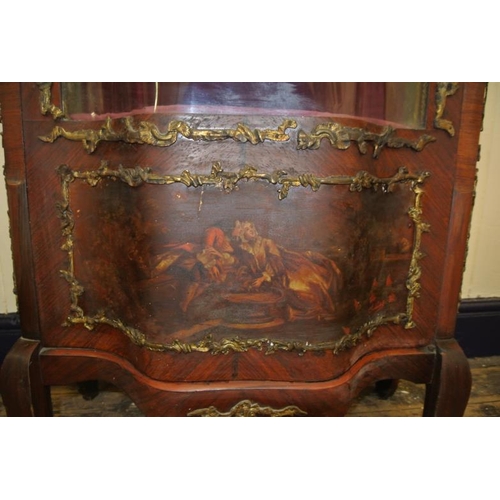 140 - Louis XV style Vernis Martin rosewood display cabinet with serpentine fronted door, shaped lined she... 