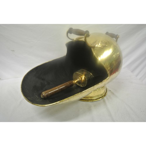 146 - Victorian style brass coal scuttle with shaped timber handles and round base