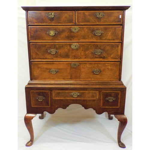 150 - Georgian inlaid and crossbanded walnut and satinwood chest on stand with 2 short and 3 long drawers,... 