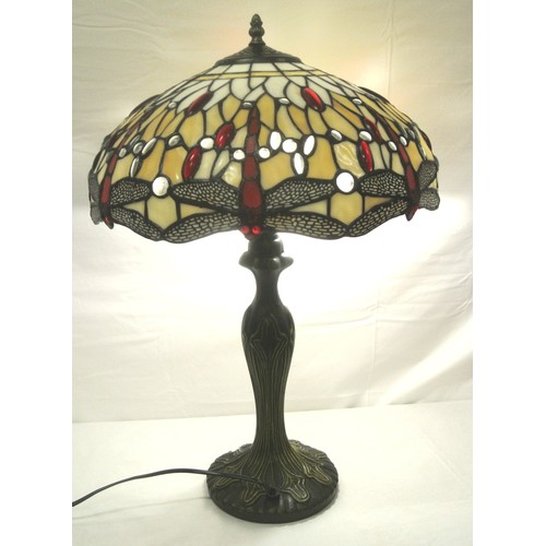 162 - Art Deco style electric lamp with shaped base and column, ornate multi-coloured faceted shade