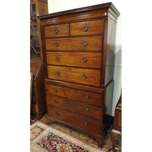 165 - Georgian mahogany bachelors chest on chest with dentil frieze, 2 short and 6 long drawers with brass... 