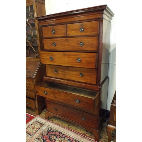 165 - Georgian mahogany bachelors chest on chest with dentil frieze, 2 short and 6 long drawers with brass... 