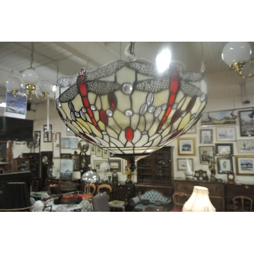 181 - Ornate Art Deco hanging hall light with ornate multi-coloured panelled shade