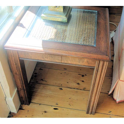 186 - Pair of Edwardian square occasional or lamp tables with glass insets, on square shaped legs