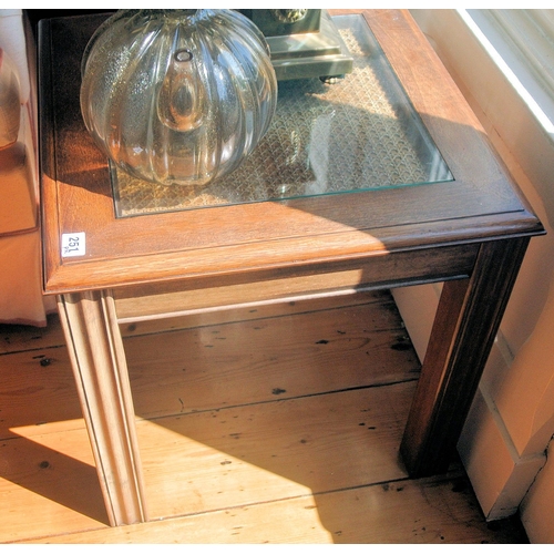 186 - Pair of Edwardian square occasional or lamp tables with glass insets, on square shaped legs