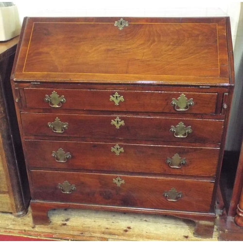 205 - Georgian inlaid walnut bureau with drop-down front, pullout supports, fitted interior, four drawers ... 