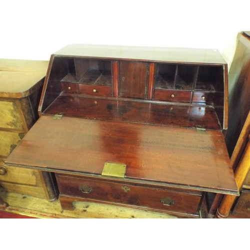 205 - Georgian inlaid walnut bureau with drop-down front, pullout supports, fitted interior, four drawers ... 