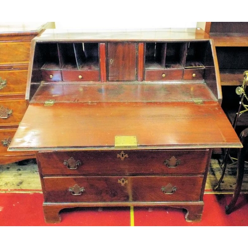 205 - Georgian inlaid walnut bureau with drop-down front, pullout supports, fitted interior, four drawers ... 