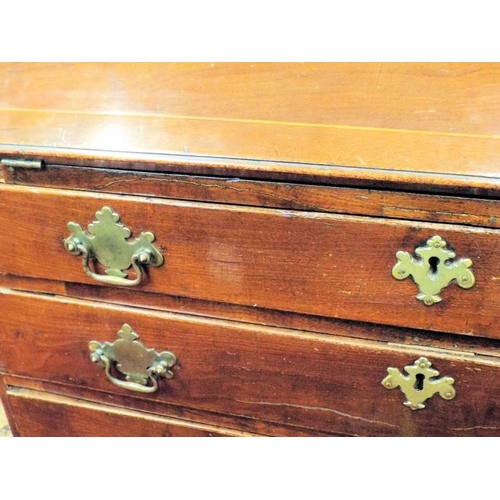 205 - Georgian inlaid walnut bureau with drop-down front, pullout supports, fitted interior, four drawers ... 