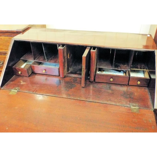 205 - Georgian inlaid walnut bureau with drop-down front, pullout supports, fitted interior, four drawers ... 