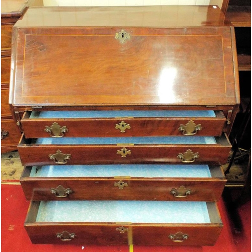 205 - Georgian inlaid walnut bureau with drop-down front, pullout supports, fitted interior, four drawers ... 