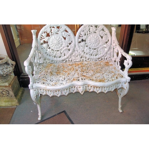 349 - Victorian style cast iron garden bench with double oval shaped back, with ornate foliate decoration,... 