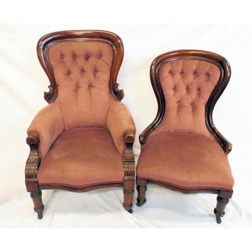 351 - Victorian mahogany Lady and Gents spoonback chairs with scroll decoration, buttoned upholstery, serp... 