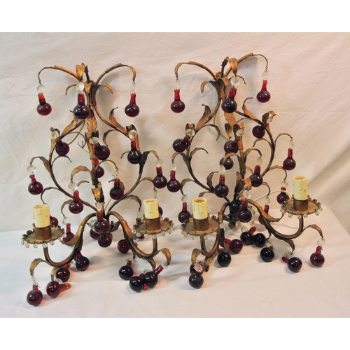 102 - Pair of ornate ormolu two branch light fittings with cranberry drops