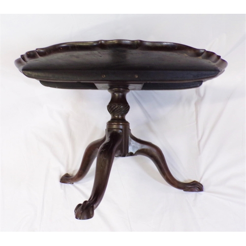 104 - Victorian mahogany round coffee or occasional table with piecrust border, turned column, on foliate ... 