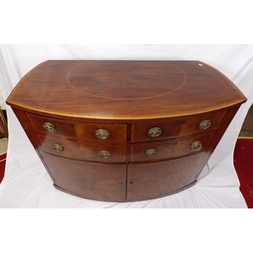 110 - Georgian inlaid and crossbanded mahogany bow-fronted chest with two drawers, one double drawer, shel... 