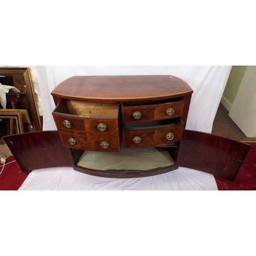 110 - Georgian inlaid and crossbanded mahogany bow-fronted chest with two drawers, one double drawer, shel... 