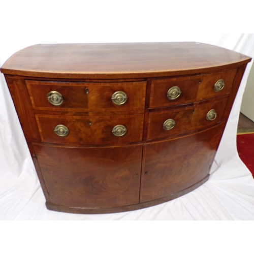 110 - Georgian inlaid and crossbanded mahogany bow-fronted chest with two drawers, one double drawer, shel... 