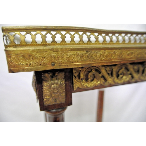 116 - Edwardian mahogany two tier stand with marble top, pierced brass gallery, reeded columns, on shaped ... 