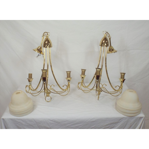 127 - Pair of Art Deco style three branch brass and alabaster hanging lights with shaped frames