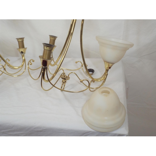 127 - Pair of Art Deco style three branch brass and alabaster hanging lights with shaped frames