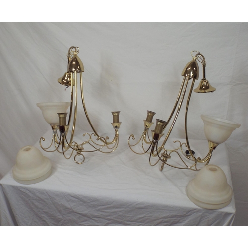 127 - Pair of Art Deco style three branch brass and alabaster hanging lights with shaped frames