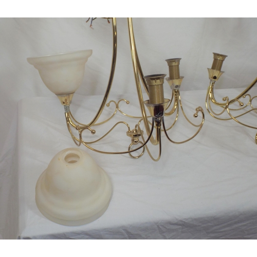 127 - Pair of Art Deco style three branch brass and alabaster hanging lights with shaped frames