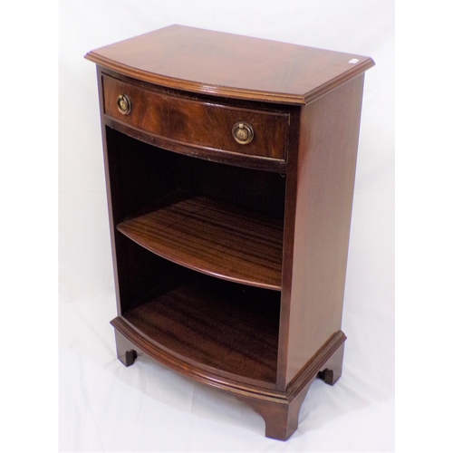 136 - Edwardian style mahogany bow-fronted cabinet with frieze drawer, brass drop handles, shelf under, on... 