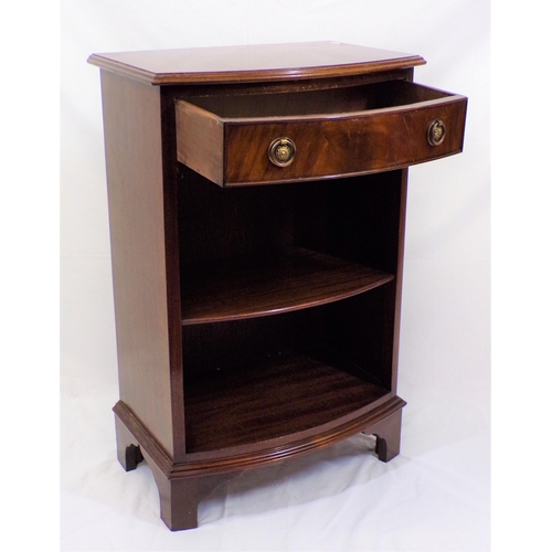 136 - Edwardian style mahogany bow-fronted cabinet with frieze drawer, brass drop handles, shelf under, on... 