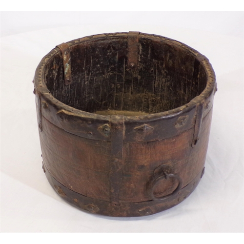 142 - Jacobean style round timber bowl with metal mounts and handle